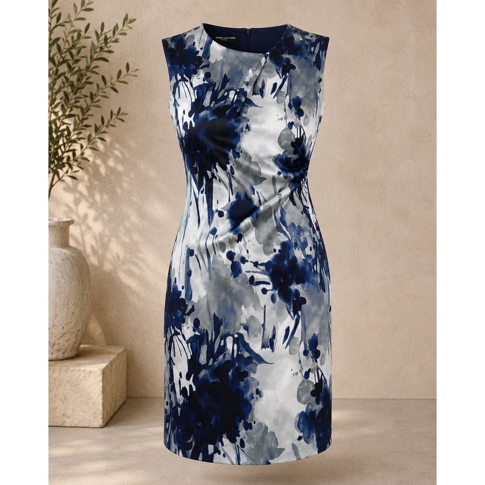 Blue Watercolor Sheath Dress Womens 14 Abstract Floral Office Wedding Guest